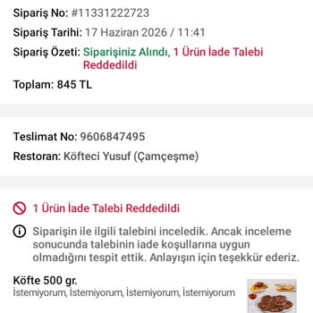 Yanmış Köfte Ve Red Edilen İade Talepleri Tüketici Mahkemesine Şikayet
