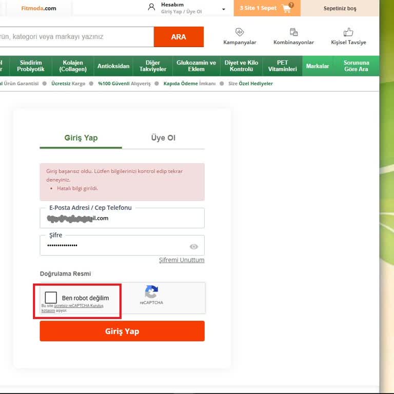 Recaptcha Ücretsiz Kotası Nedeniyle Vitaminler.com’a Giriş Engellendi
