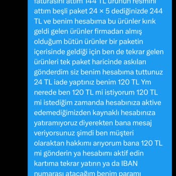 Kırık Ürün İadesi Sonrası 120 TL Eksik İade Talebi