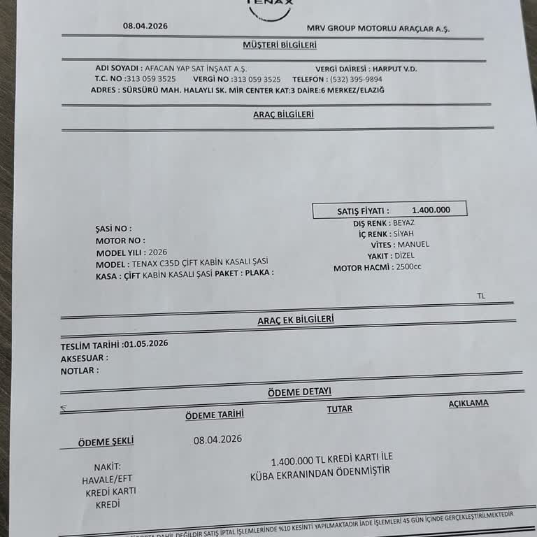 Kuba Motor’dan Araç Teslim Edilmemesi Ve 1,4 Milyon TL İadesi Talebi