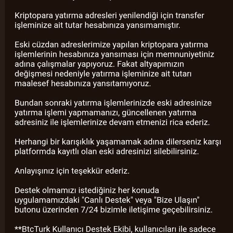 BTCTURK Altyapı Değişikliği Nedeniyle Eski TRX Transferinin Hesaba Yansıtılamaması