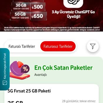 Vodafone Uygulamada Görünmeyen 5G Fırsat 25 GB Paketi
