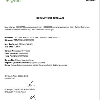Yves Rocher'den Kargo Hasarı Nedeniyle Teslim Edilmeyen Sipariş Ve Eksik İade