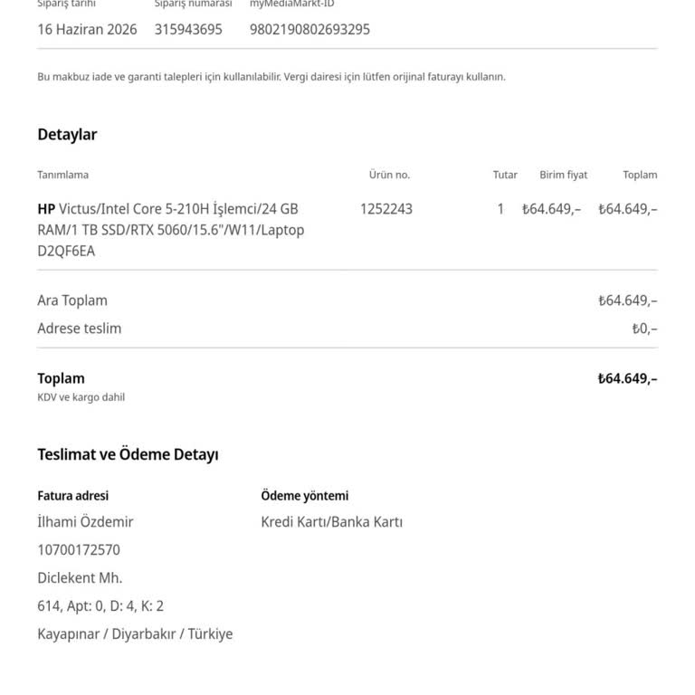 Üç Gün Geçmesine Rağmen Media Markt'tan HP Victus Laptop Teslimatı Yok
