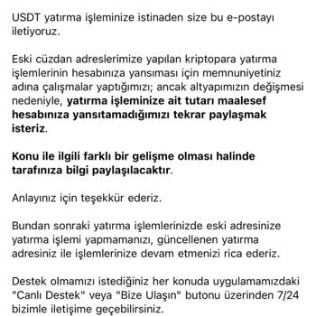 Cüzdan Adresimin Bildirimsiz Değiştirilmesi Nedeniyle 688,5 USDT Transferi Yansımıyor