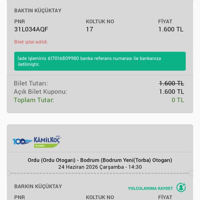 Obilet Bilet İptalinde Kayıp 630 TL’nin Geri Ödenmesi Talebi