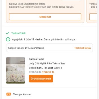 Sipariş Edilen Çift Kişilik Pike Takımı Tek Kişilik Olarak Geldi Ve Değişim Talebi