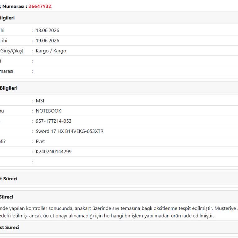 Garanti Kapsamındaki MSI Laptopum Sıvı Teması İddiasıyla Tamir Edilmiyor