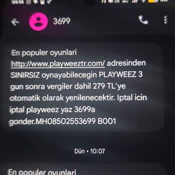 Playweez 279 TL’nin Faturama Yansıtılmasını Kabul Etmiyorum