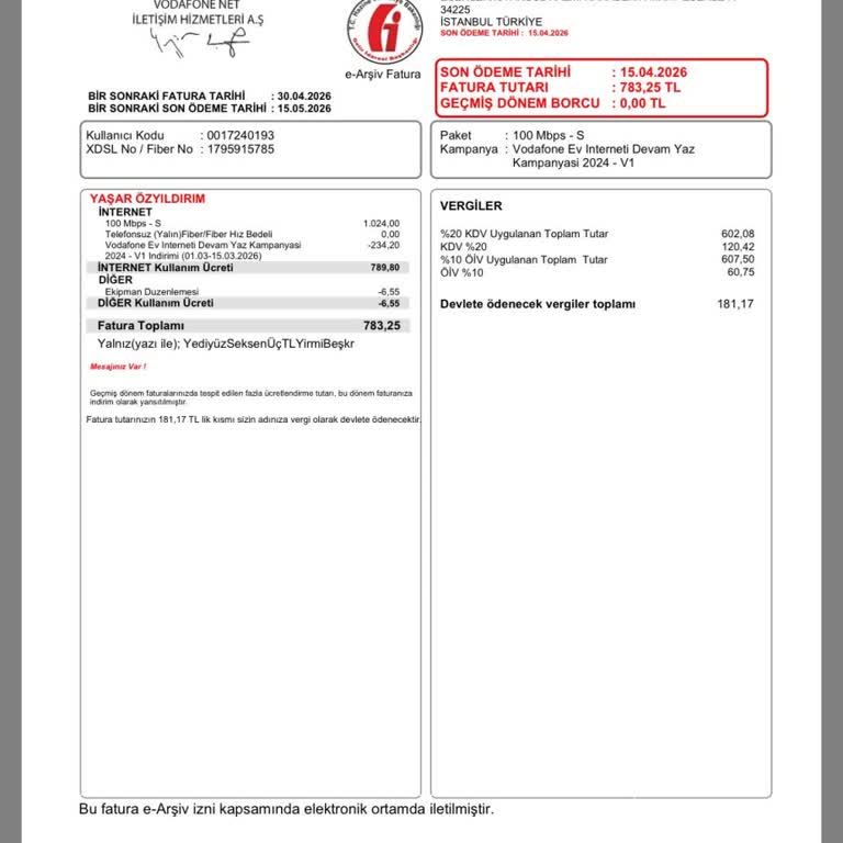 İptal Edilen Vodafone Ev İnternet Aboneliği İçin Haksız 783 TL Fatura Ve İade Talebi