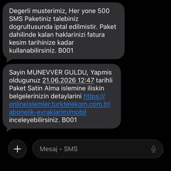 Ek SMS Paketi Satın Alamama Ve Tek Seferlik Kısıtlama