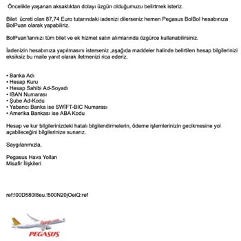 Pegasus'tan 87,74 Euro Ücretsiz İptal Ücreti Geri Ödeme Yapılmadı