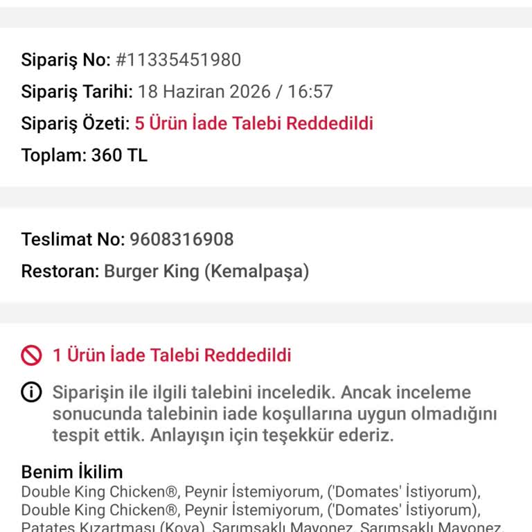 Trendyol GO Ve Burger King’e Ait Eksik Ve Bozuk Sipariş İçin İade Cevabı Alınamadı