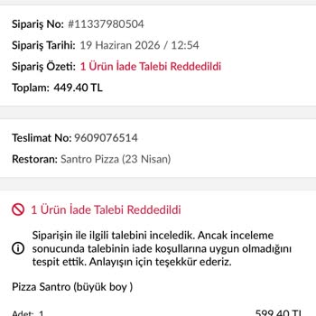 Yanmış Pizza İçin Kartıma İade Reddedildi