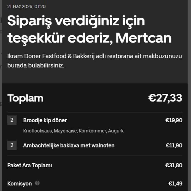 Teslim Edilmeyen Uber Eats Siparişimin İadesi
