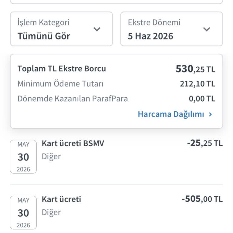 530,25 TL Kart Aidatı İadesi Talebi