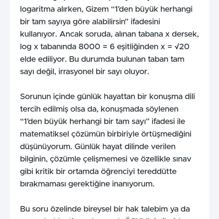 AYT Matematik 18. Soruda Tam Sayı İfadesi İrrasyonel Tabanla Çelişiyor