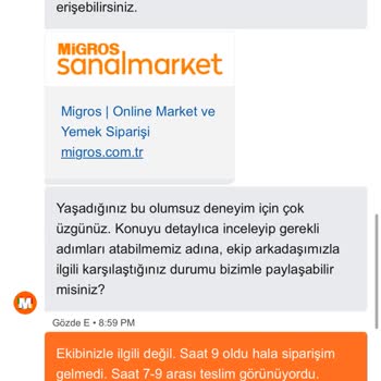 Migros Sanal Market Gecikmeli Teslimat Ve Yetersiz Müşteri Desteği
