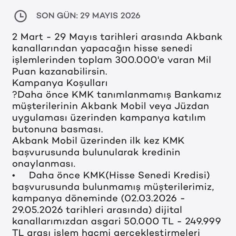 Akbank Hisse Senedi Mil Puan Kampanyasında 300.000 Puan Yüklenmedi