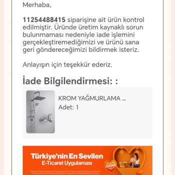 Krom Yağmurlama Duş Seti Bataryasında Delik Ve Su Kaçırması Nedeniyle İade Reddi