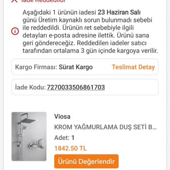 Krom Yağmurlama Duş Seti Bataryasında Delik Ve Su Kaçırması Nedeniyle İade Reddi