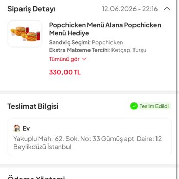 Teslim Edilmemiş Popeyes Siparişi İçin Ödeme İptali Ve Hızlı Çözüm Talebi