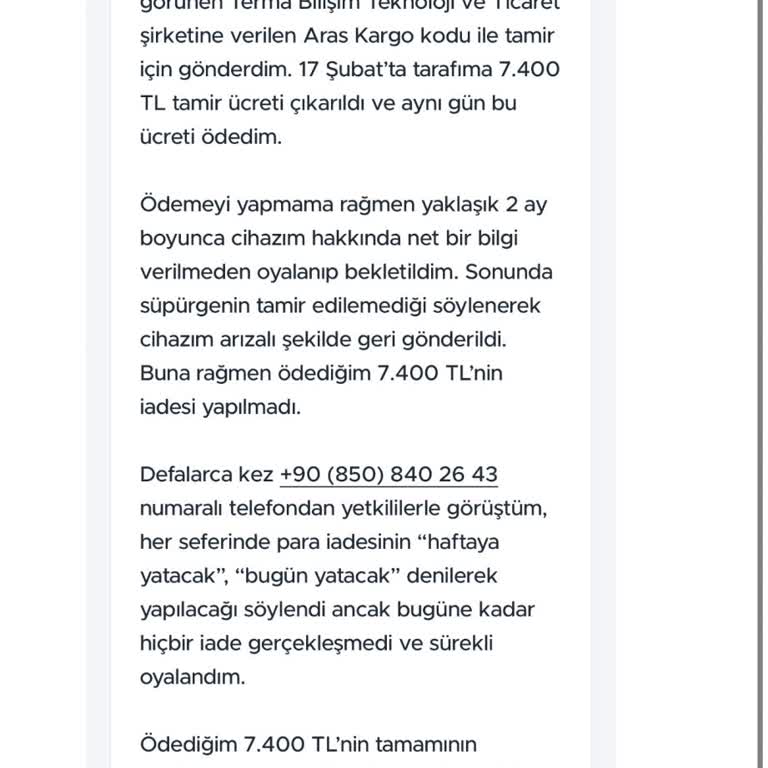 7.400 TL Tamir Ücreti İadesi Alınmadı Ve Cihaz Onarılmadı