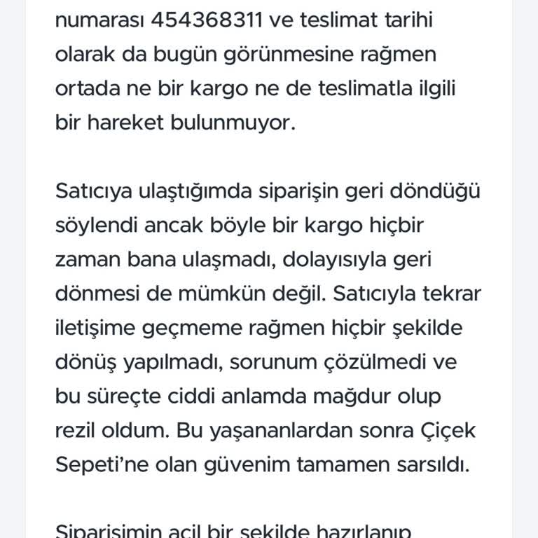 Çiçek Sepeti Siparişim Kargoya Çıkmadı Ve Satıcı Yanıt Vermiyor