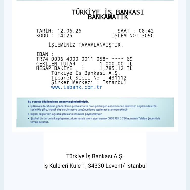 İş Bankası Vadesiz Hesabımdan Açıklamasız 1000 TL Kesinti