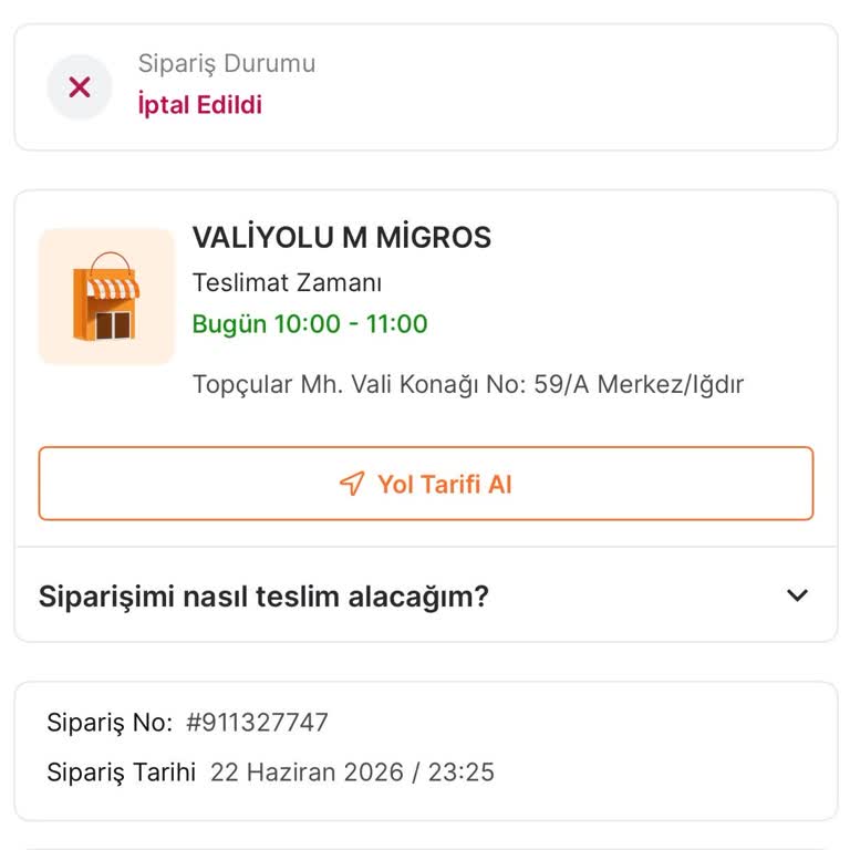 Migros Sanal Market Siparişimin Açıklama Yapılmadan İptal Edilmesi Ve Çözüm Bulamama