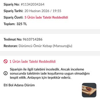 Trendyol Yemek Etibol Dürümde Az Malzeme, Ücret İadesi Talebi Reddedildi