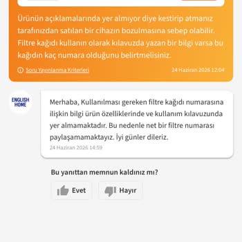 English Home FKM 6010 Kahve Makinesi İçin Kağıt Filtre Numarası Talebi