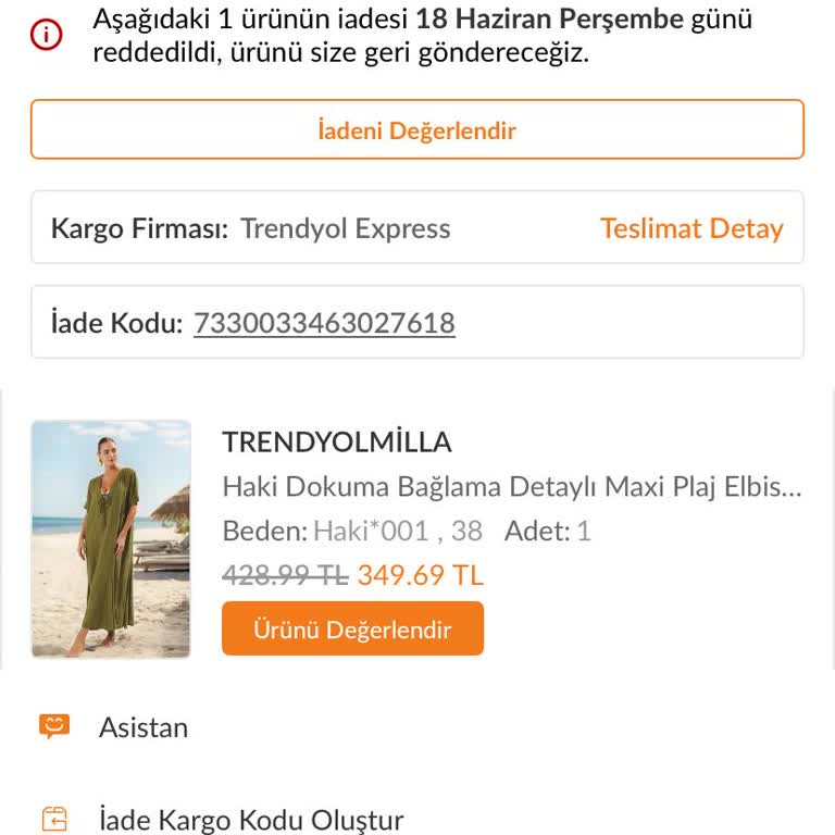 Plaj Elbisesi İadesi Gerçekleşmediği İçin 349,69 TL İade Talebi