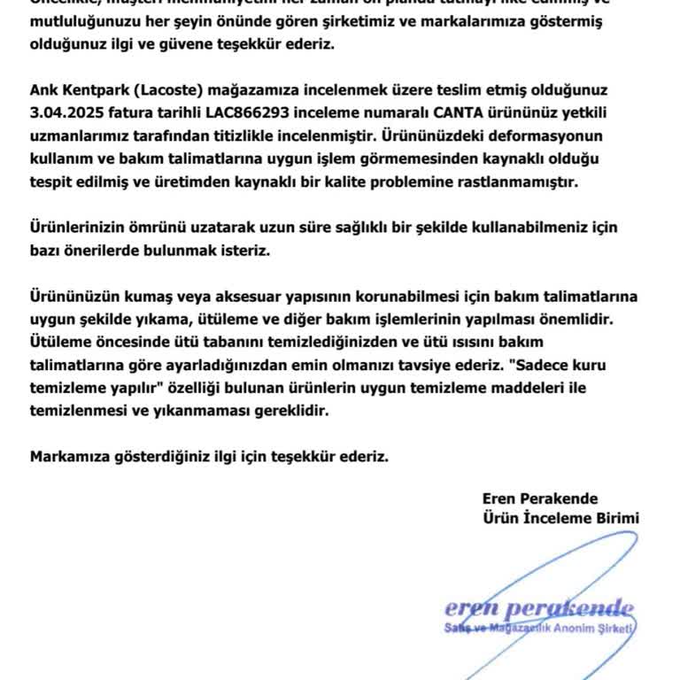Lacoste Çanta Kısa Sürede Deri Soyulması Ve Dikiş Atması, Ücret İadesi Talebi
