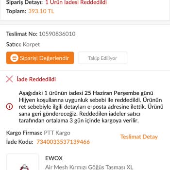 Korpet Satıcısının Küçük Göğüs Tasmasını Hijyen Nedeniyle İade Reddi
