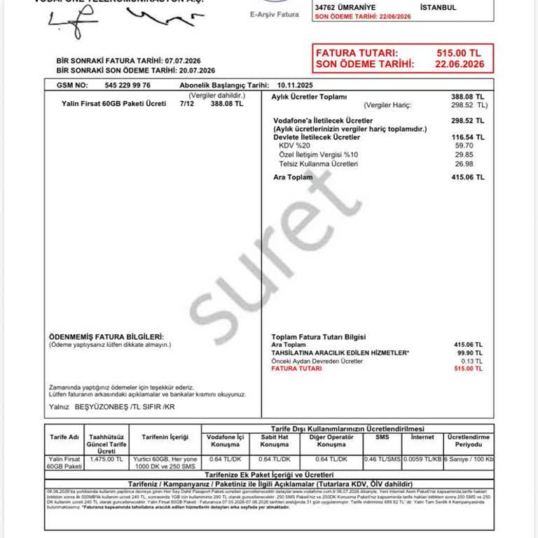 Vodafone 3 Gün Gecikme İçin 65,9 TL Orantısız Ceza