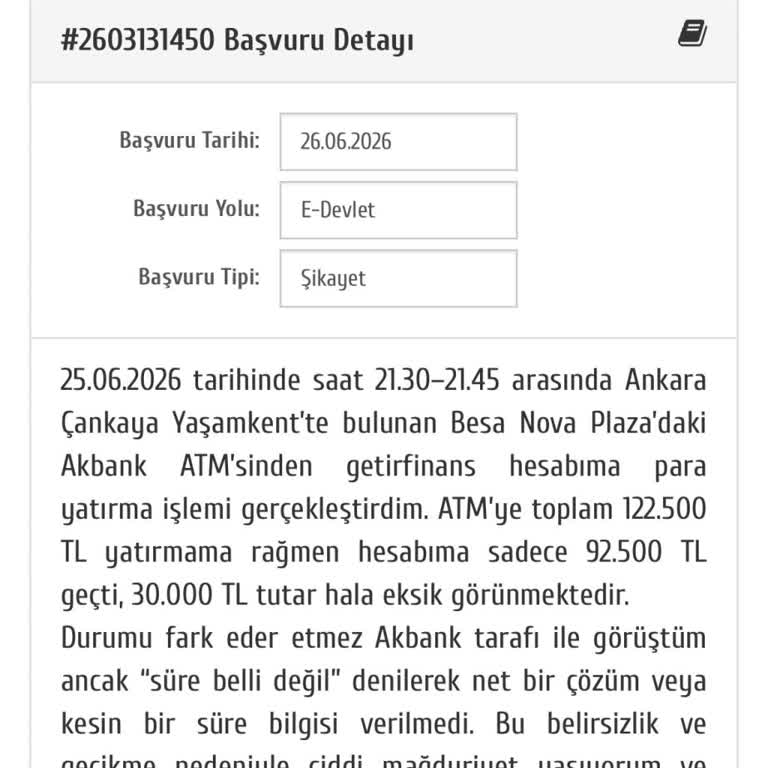 Fibabanka ATM'den Yapılan QR Kodlu Para Yatırma İşleminde 30.000 TL Eksik
