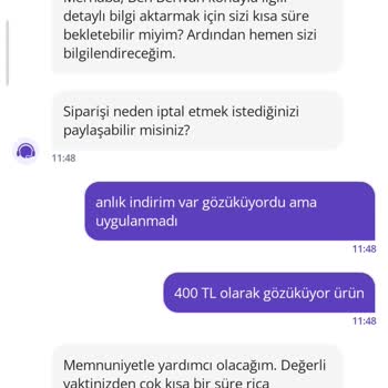 Anlık İndirim Uygulanmadı Ve Canlı Destek Çözüm Sunmadı