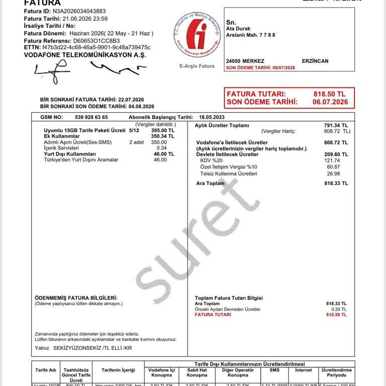 Vodafone Faturasındaki Yetkisiz Adımlı Aşım Ücreti İptali Ve İadesi