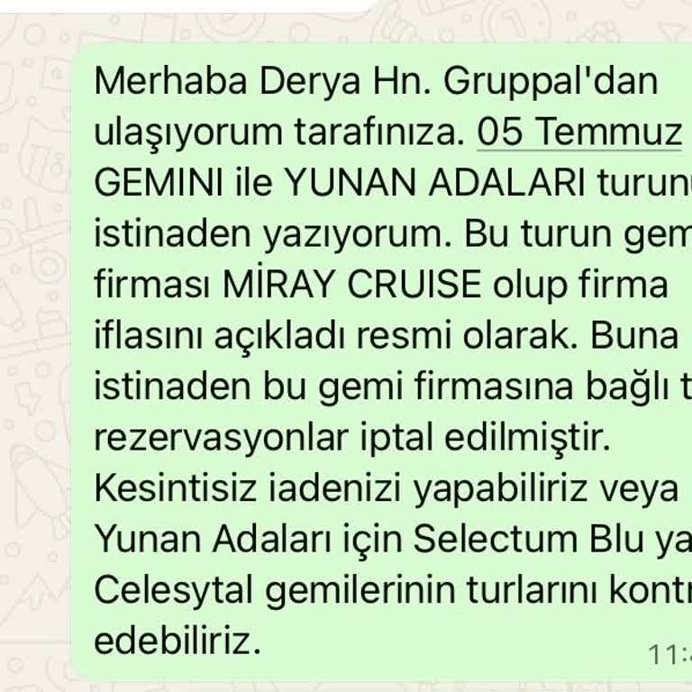 İptal Edilen Gemi Turu İçin Fiyat Farksız Alternatif Tur Talebi
