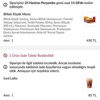 Ödenen Termal Çanta Gönderilmedi Ve Iced Latte İadesi Reddedildi