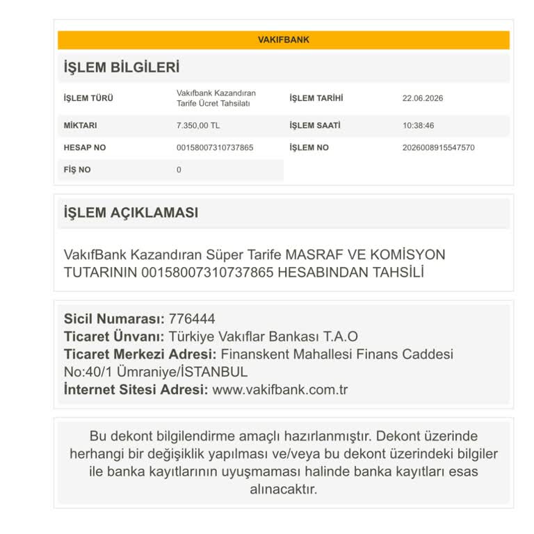 VakıfBank Kazandıran Tarife Kesintisi İadesi Talebi