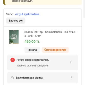 Hepsiburada Patlayan Avize İçin Güvenlik Riski Ve Fatura Sorunu İade Talebi