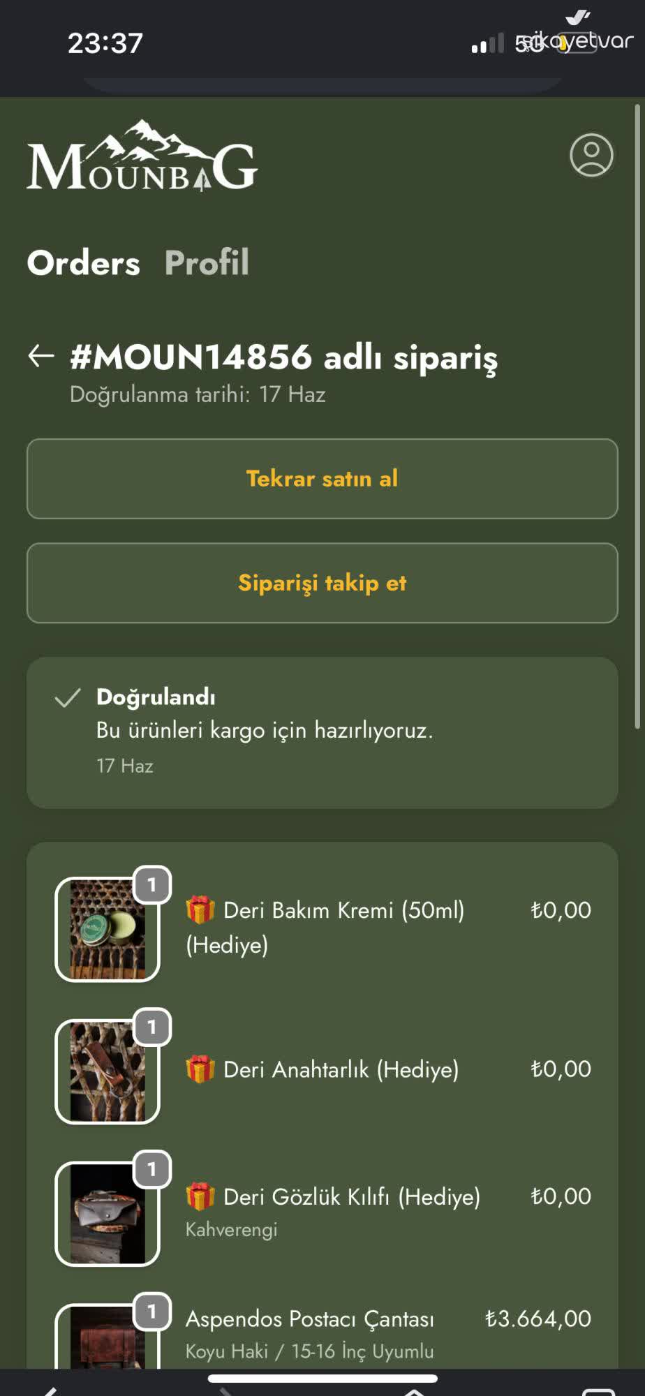Mounbag Siparişimin Gecikmesi Ve Cevapsız İletişim Nedeniyle Hızlı