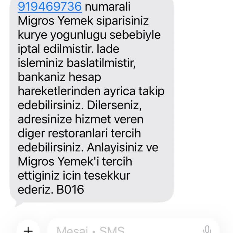 Migros Yemek 860 TL Değerindeki Sipariş Keyfi Olarak İptal Edildi