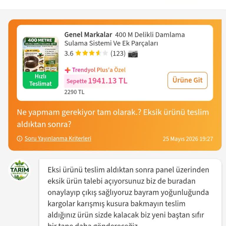 Siparişte 100 Metre Sulama Borusu Eksik Ve Hediye Gönderilmedi