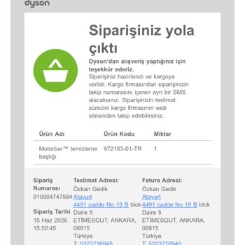 Dyson V10 Siparişi Teslim Edilmedi, İade Ve Yeniden Gönderim Talebi