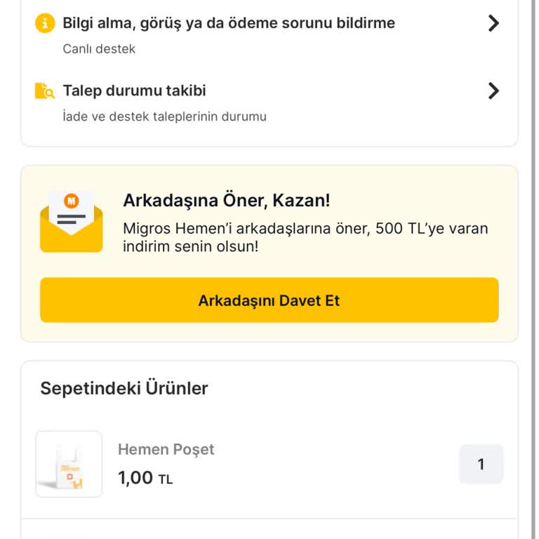 Migros Hemen'de 2 Al 1 Kampanyasında Eksik Ürün Ve İade Talebi