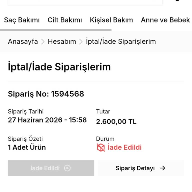 İptal Edilen 2600 TL'lik Alışverişin Geri Ödemesi Hâlâ Yapılmadı