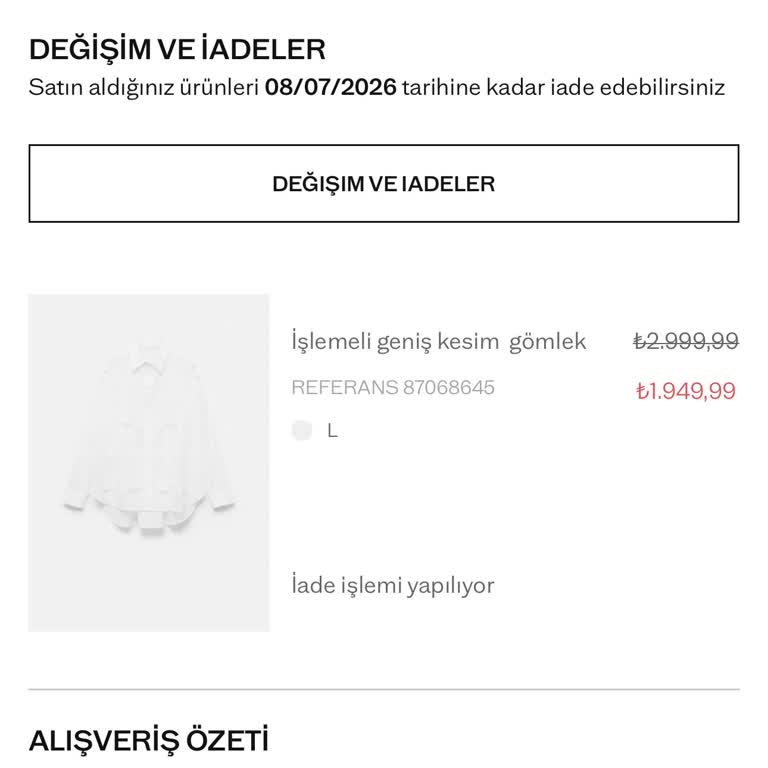 Mango Gömlek İadesi 1 Ay Boyunca Gecikiyor, Kredi Kartıma Geri Dönüş Bekliyorum